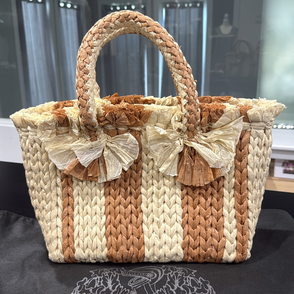 Vince Camuto Woven Tan and Cream Striped Raffia Tote Bag Purse w Crossbody Strap - Picture 2 of 8